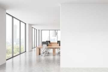 Modern office interior with blank wall and city view. 3D Rendering