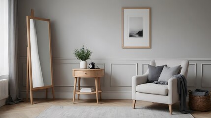 High resolution photo frame on the wall interior image template, empty art frame interior design ai generated designer pictures.