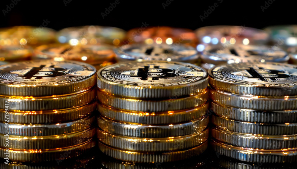 Poster a stack of gold coins with a bitcoin symbol on them. the coins are piled on top of each other, creat