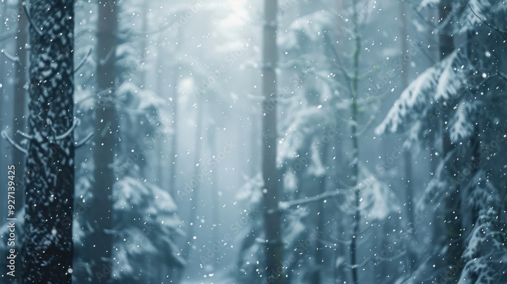 Poster A tranquil winter scene showcasing a dense pine forest with snow falling softly through the air. Sunlight peeks through the branches, casting a luminous glow on the frosted trees.