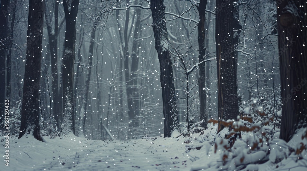 Poster A path winds through a snow-covered forest as snowflakes fall gently on a winter day. The trees are bare and the ground is covered in a thick layer of snow. The light is muted, creating a peaceful and