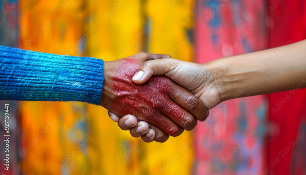 Aufkleber two hands shaking in a handshake. the background is a colorful mural. the handshake is a symbol of p