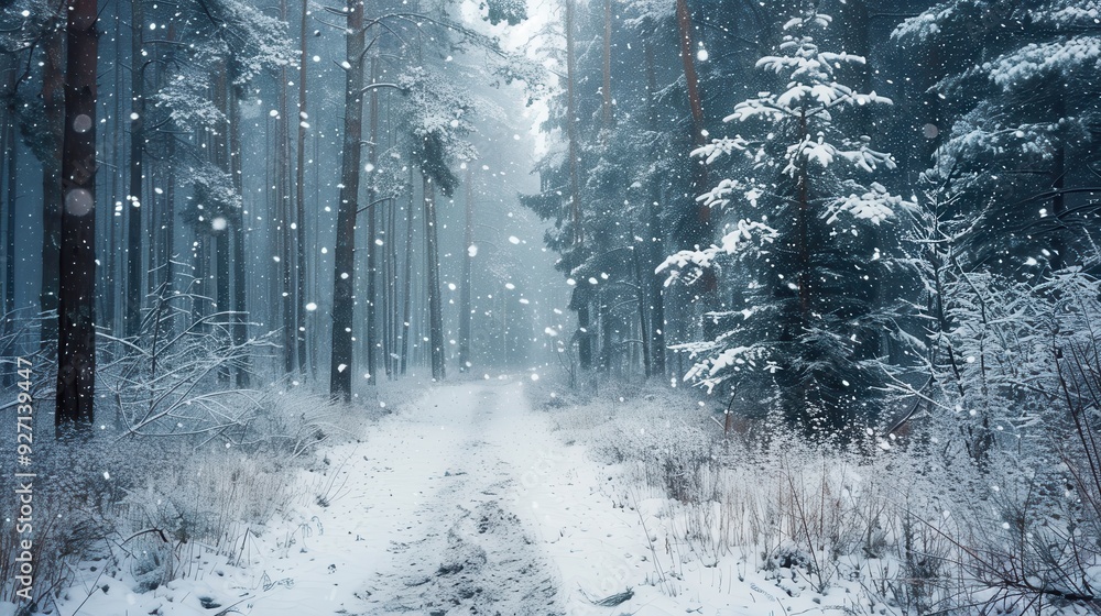 Poster a narrow, snow-covered path winds its way through a dense pine forest on a winter day. the trees are