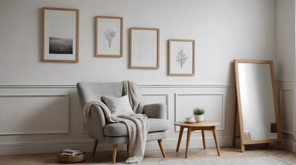 High resolution photo frame on the wall interior image template, empty art frame interior design ai generated designer pictures.