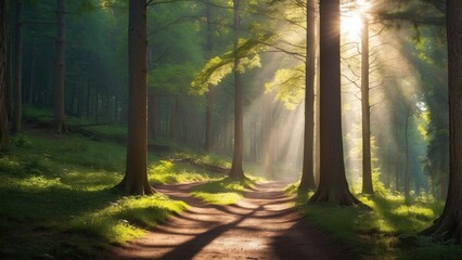 Forest path with sunlight filtering through trees, dappled light and shadows.