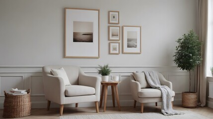 High resolution photo frame on the wall interior image template, empty art frame interior design ai generated designer pictures.