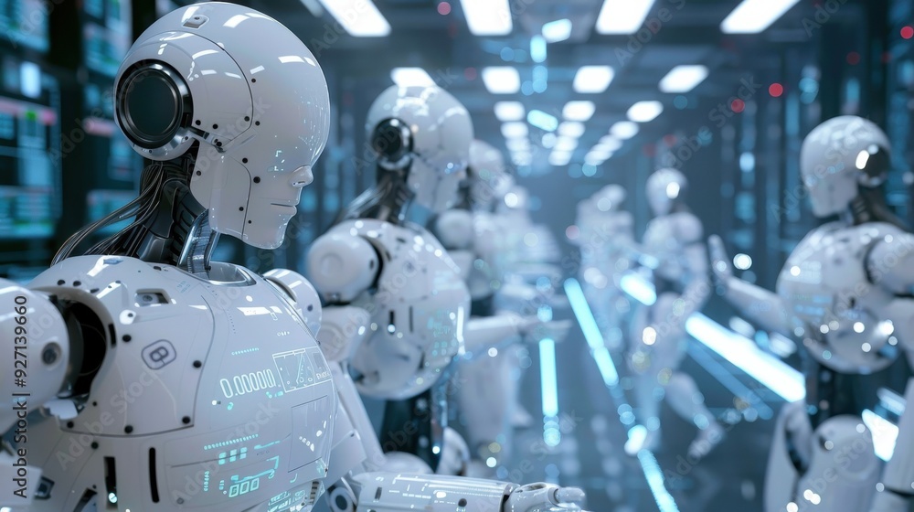 Poster a line of white humanoid robots walk in single file through a futuristic hallway with blue lights. t