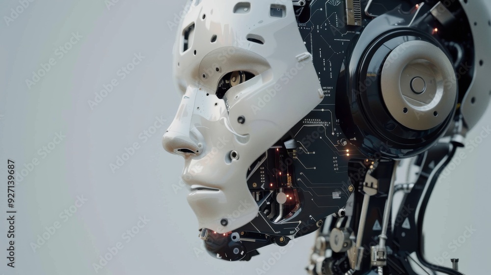 Poster a close-up portrait of a futuristic robot head with exposed circuitry. the robot's face is white and