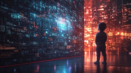 Fototapeta premium Child Staring at Futuristic Digital Wall with High-Tech Holographic Display