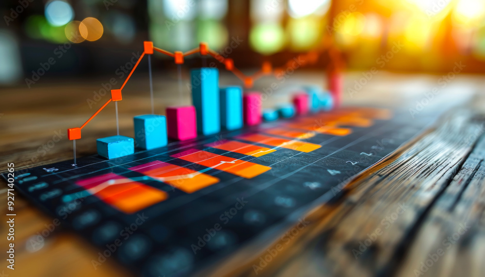 Poster a colorful graph is displayed on a wooden table. the graph is made up of different colored blocks, e