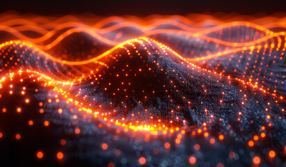 The image is a computer generated image of a wave with orange and blue colors. The waves are very close together and the colors are very bright. Scene is energetic and dynamic