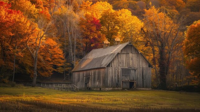 A weathered wooden barn stands solitary in a field, surrounded by a vibrant display of fall foliage. The trees are ablaze with oranges, reds, and yellows, creating a picturesque backdrop for the rusti
