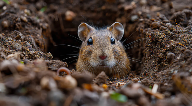 A small brown mouse is peeking out of a hole in the ground. The mouse is looking up at the camera, curious about the photographer. The scene is quiet and peaceful