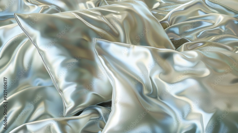 Poster a close up shot of white silk pillowcases lying in a bed. the fabric is soft and flowing, creating a