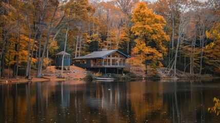 Fototapeta premium A modern cabin with a large window overlooking the lake sits on the edge of a wooded area. The trees are ablaze with fall colors, and the water is calm and reflective.