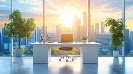 A well-organized executive office featuring a panoramic cityscape visible through expansive windows The minimalist decor and sleek furniture highlight a space dedicated to clear thinking and