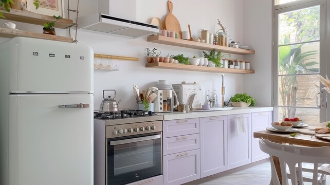 A playful purple kitchen with quirky artwork and mixed appliances.