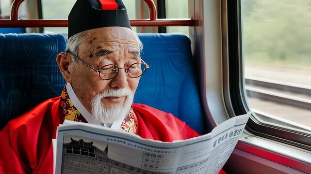 Elderly Asian man in traditional attire reading newspaper on train journey - Powered by Adobe