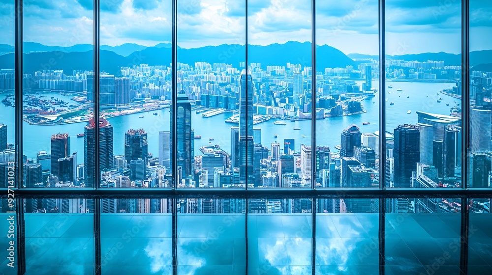 Poster a high-rise office with a minimalist interior design and floor-to-ceiling windows providing a wide v