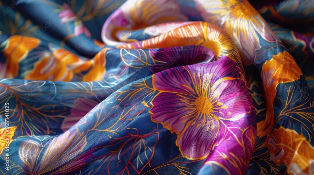 Poster a close-up shot of a colorful fabric with a floral pattern. the fabric is blue, orange, and purple, 