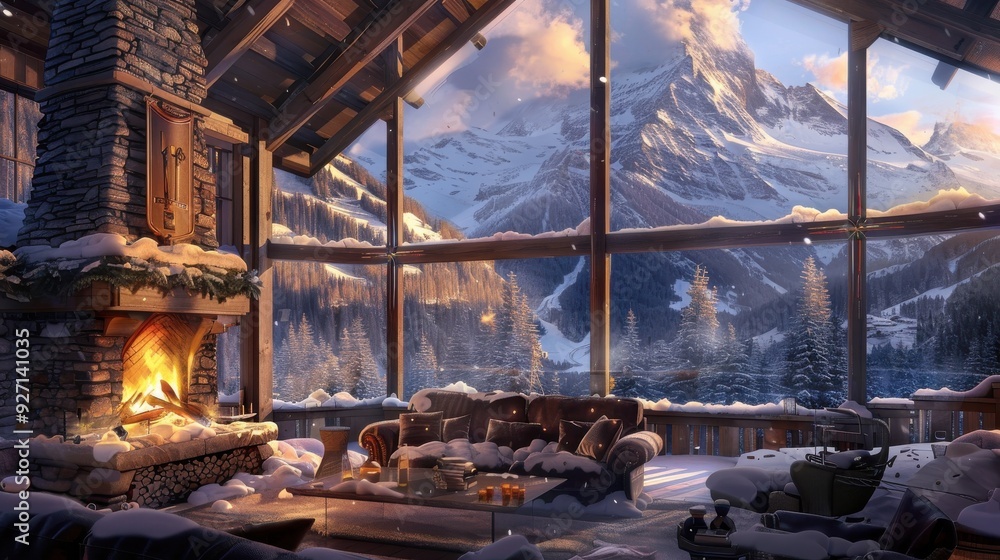Poster a cozy cabin with a large window overlooking a snowy mountain range. the fireplace is lit, casting a