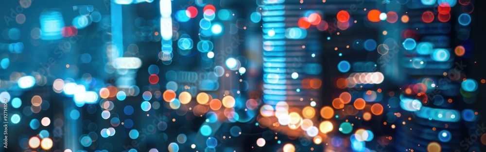 Poster A blurred image of a city skyline at night, with colorful lights creating a mesmerizing abstract pattern. The lights from buildings and vehicles are out of focus, creating a dreamy and ethereal atmosp