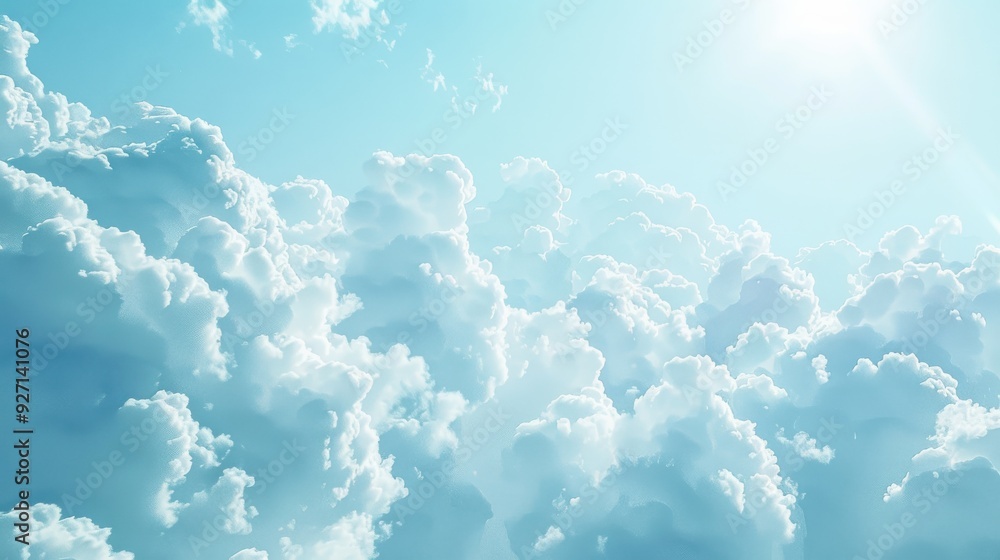 Poster The image shows a bright blue sky filled with fluffy white clouds. The sun is shining brightly, casting a soft glow on the clouds. The clouds are clustered together, creating a beautiful and peaceful 