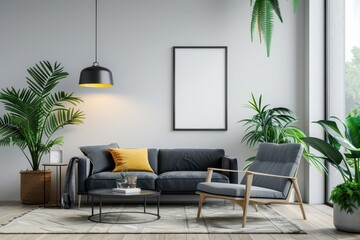 Dark blue sofa and recliner illuminated by modern lighting in a Scandinavian living room.