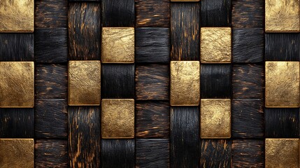 Seamless pattern of dark wood and gold tiles in a checkered design.