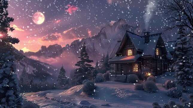 A cozy house nestled in a winter landscape with a glowing sky, where the warm lights of the home contrast beautifully with the seren Seamless looping 4k time-lapse virtual video animation Generated AI