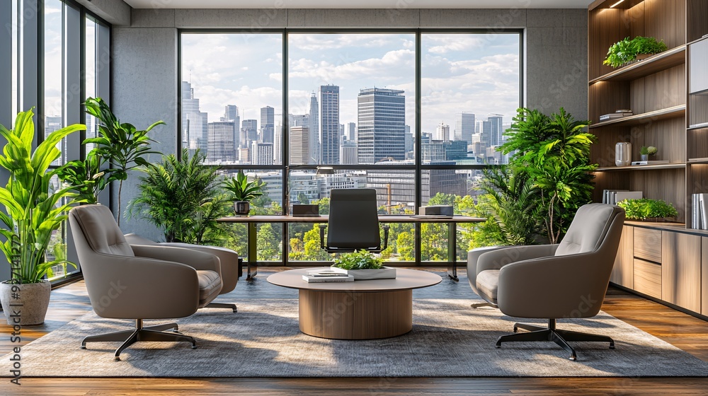 Poster an executive office with large windows showcasing a stunning cityscape the minimalist design and ope