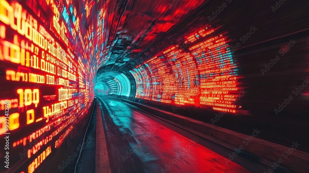 Poster futuristic technology tunnel featuring illuminated walls adorned with flowing computer code, creatin