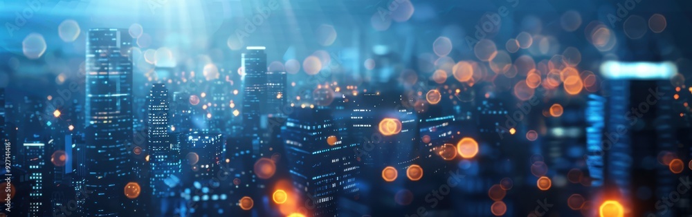 Aufkleber a nighttime view of a city skyline with tall buildings and a blurred, glowing effect. the buildings 