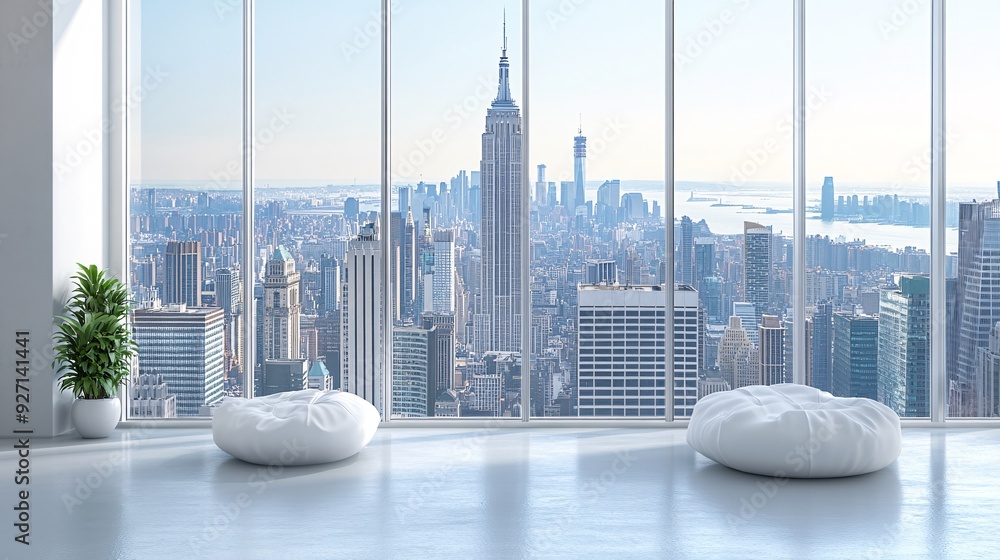 Poster a spacious executive office with a sweeping view of the city below the minimalist decor and large wi