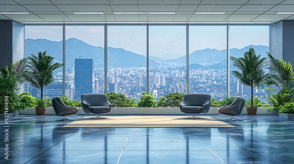Poster A spacious executive office with a sweeping view of the city below The minimalist decor and large windows create an atmosphere of strategic vision and calm focus Stock Photo with copy space