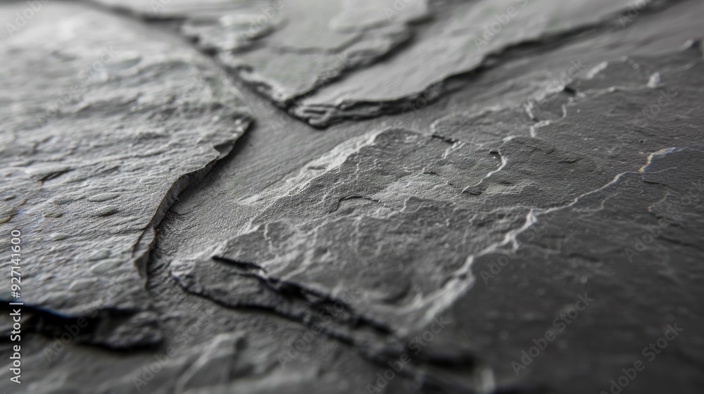 Poster a close-up shot of a dark slate rock surface with a textured, layered appearance. the light catches 
