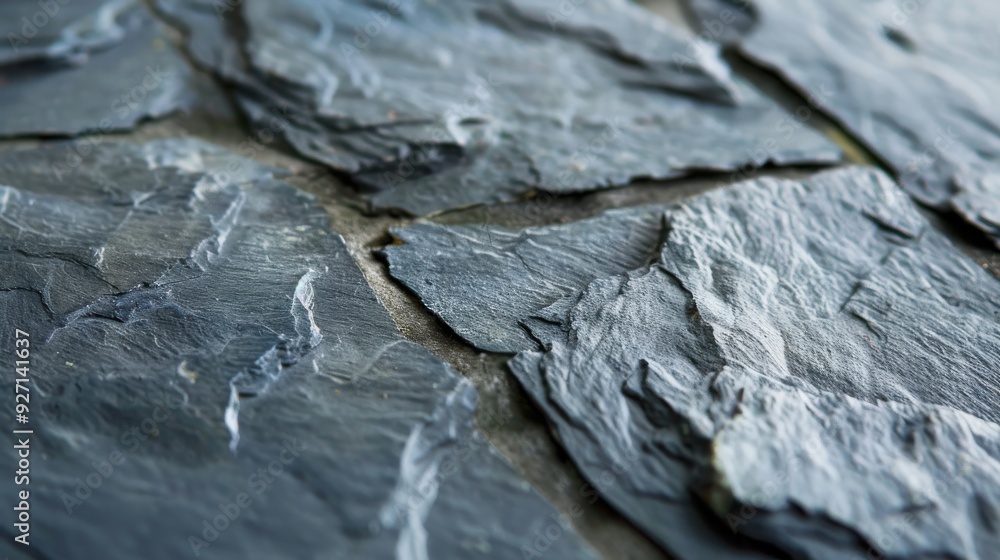Poster A close-up image of a gray slate stone tile wall, showing the natural texture and patterns of the rock. The tiles are arranged in a mosaic-like pattern, with some slight gaps between the tiles. The li