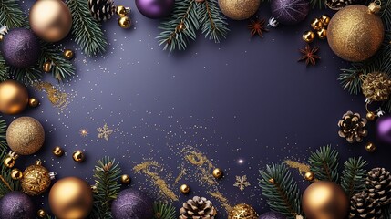 A Christmas frame with golden xmas decorations on a purple background is designed for a luxury Christmas card and New Year cover template.
