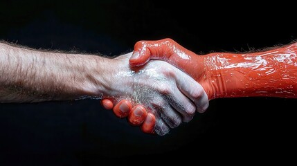 Fototapeta premium Futuristic Handshake, a human hand meeting a holographic counterpart, symbolizing the intersection of technology and human connection in a digital age.