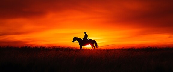Silhouette of a cowboy on horseback riding into the sunset.