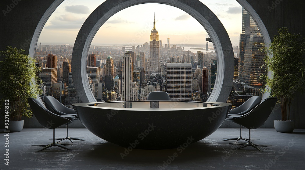 Poster a modern executive office with an expansive city view from high above the minimalist interior and sl