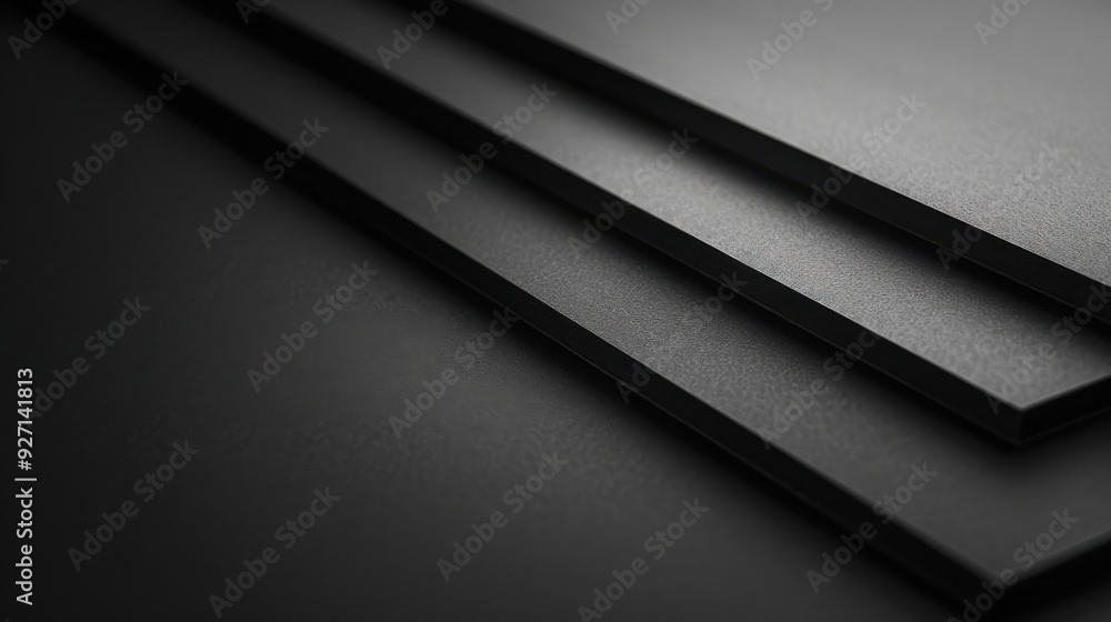 Aufkleber Several black foam sheets are stacked in a studio setting, illuminated by a single light source that creates a soft shadow effect on the surface of the sheets.