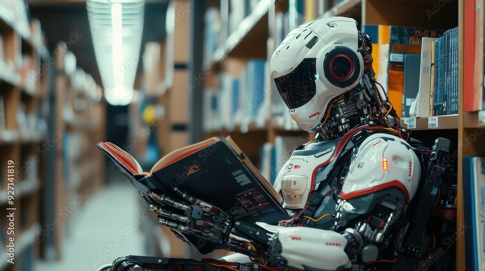 Poster humanoid robot immersed in books, exploring knowledge in a quiet library, surrounded by towering she
