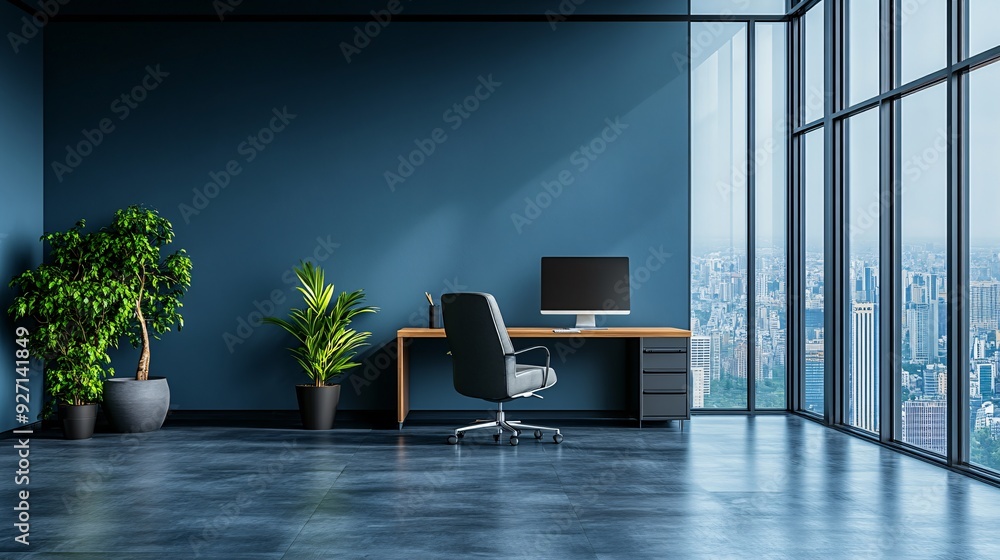 Poster a modern executive office with an expansive city view from high above the minimalist interior and sl