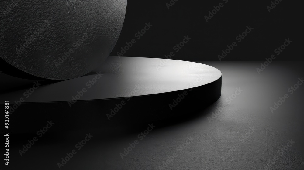 Poster A black circular platform sits on a gray surface. The platform has a slightly raised edge and a circular, recessed area in the center. The top of the platform is illuminated by a light source, casting