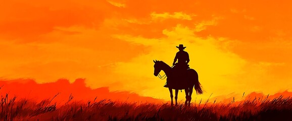 Silhouette of a cowboy riding a horse against a fiery sunset sky.