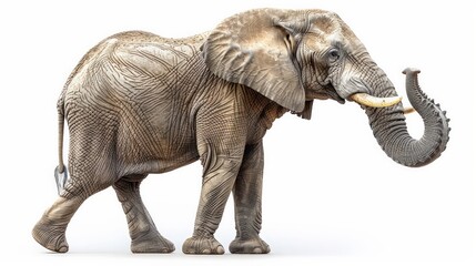 Obraz premium Elephant raising its trunk, isolated on white background, full-body shot, colored background, gentle giant