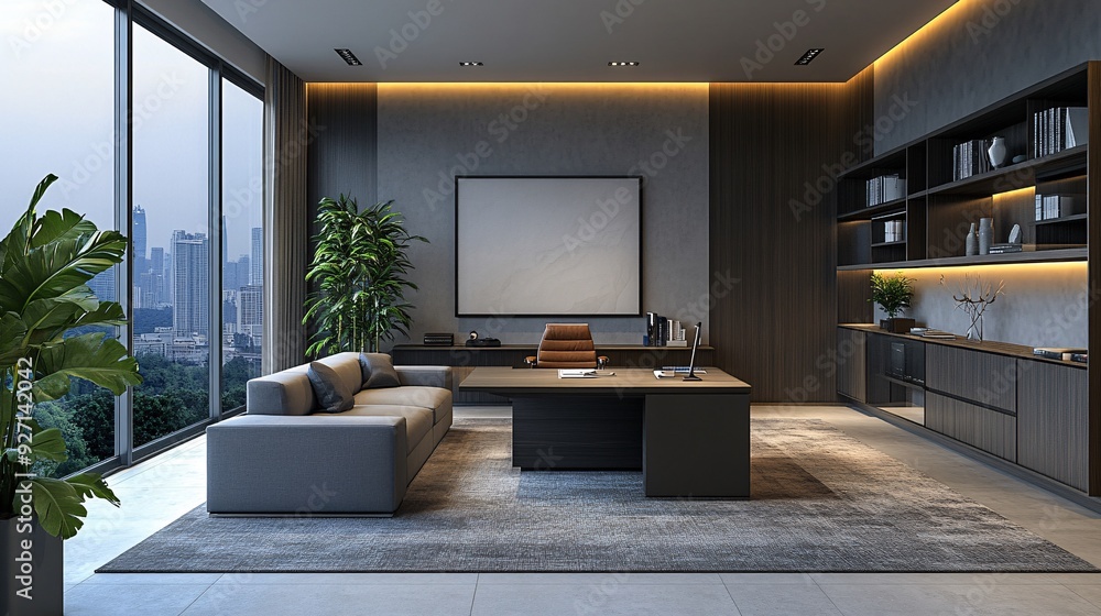 Poster an executive office with a breathtaking view of the city skyline through large windows the minimalis