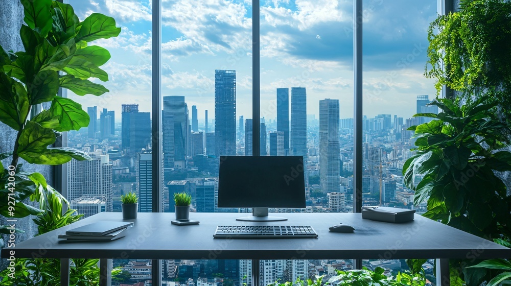 Poster a sleek executive office with floor-to-ceiling windows providing a wide panoramic view of the city b