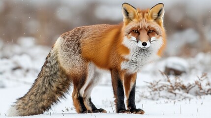 Fox with a bushy tail, isolated on white background, full-body shot, colored background, cunning and sleek